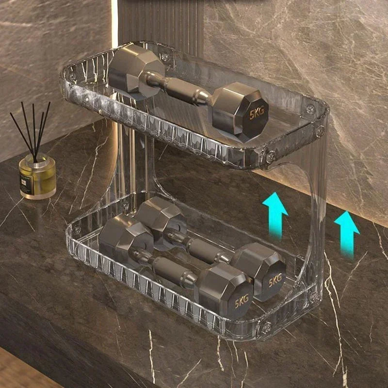 Durable acrylic bathroom countertop organizer showcasing its strength by holding 5KG dumbbells on both tiers