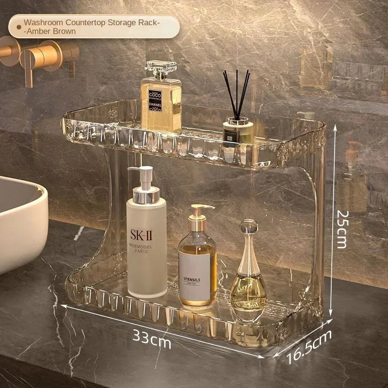 Amber brown acrylic bathroom organizer on a vanity top with labeled dimensions of 33cm x 16.5cm x 25cm