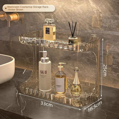 Amber brown acrylic bathroom organizer on a vanity top with labeled dimensions of 33cm x 16.5cm x 25cm