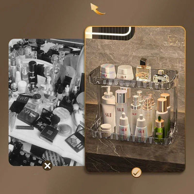 Before and after comparison showing how a bathroom countertop organizer neatly arranges skincare products for a clutter-free look