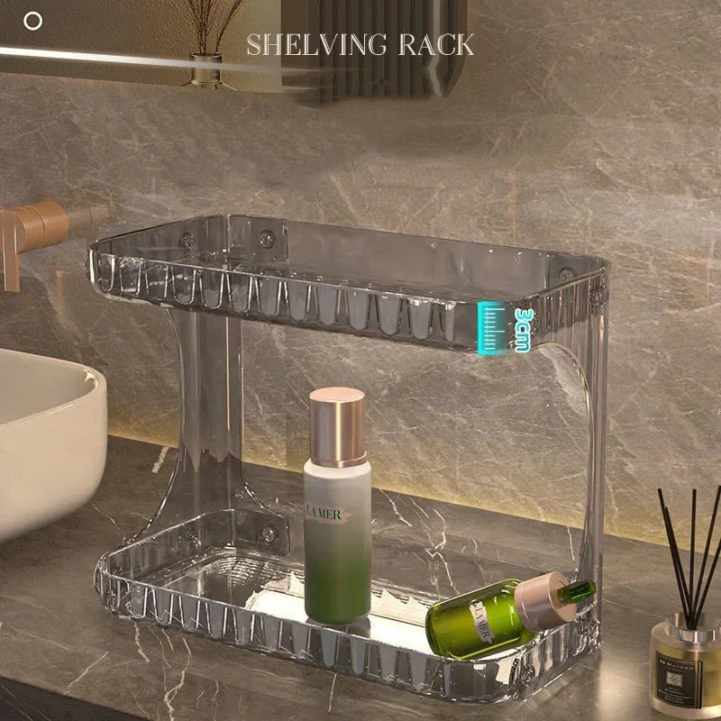 Bathroom countertop organizer with 3cm top shelf depth shown in a sleek acrylic design for space efficiency