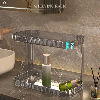 Bathroom countertop organizer with 3cm top shelf depth shown in a sleek acrylic design for space efficiency