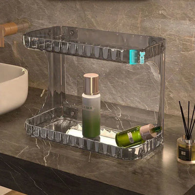 Acrylic bathroom countertop organizer showcasing 3cm depth measurement for efficient bottle spacing