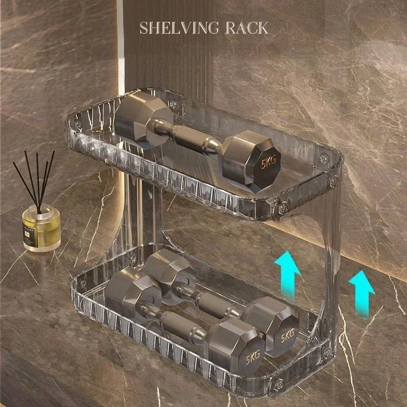 Clear acrylic bathroom countertop organizer strong enough to hold 5KG dumbbells, showcasing durability and versatility.