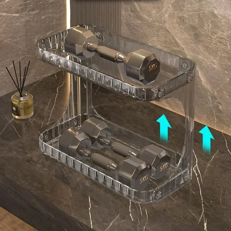 Heavy-duty bathroom organizers countertop shelf holding dumbbells for strength test