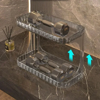 Heavy-duty bathroom organizers countertop shelf holding dumbbells for strength test