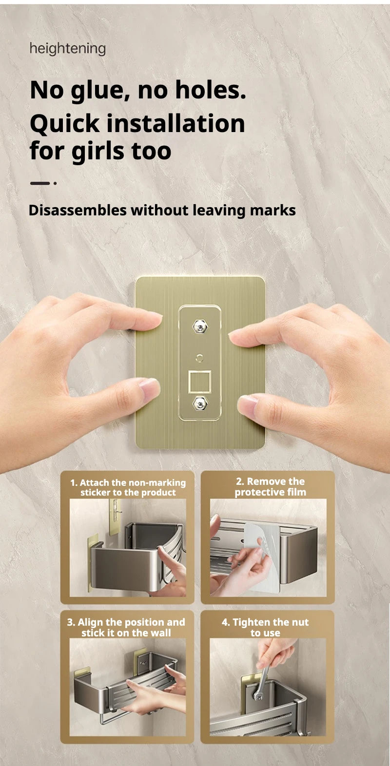Step-by-step guide for applying non-marking sticker and fixing bathroom-wall-storage-shelves to the wall