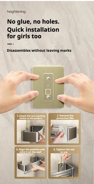 Step-by-step guide for applying non-marking sticker and fixing bathroom-wall-storage-shelves to the wall
