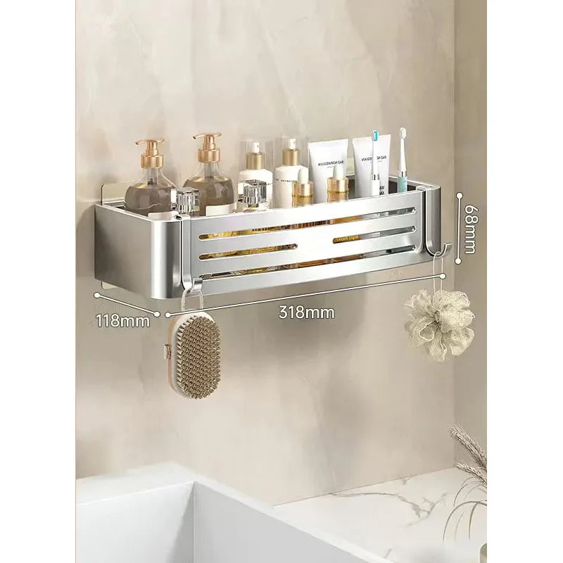 Modern bathroom-wall-storage-shelves with 318mm width and dual hooks — sleek design with generous space.
