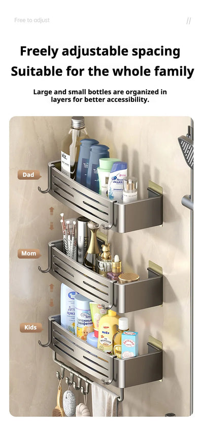 Freely adjustable bathroom-wall-storage-shelves with customizable height for dad, mom, and kids — one set fits all