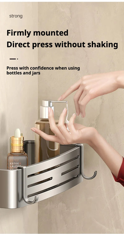 Firmly mounted bathroom-wall-storage shelves that stay secure during use—no shaking or slipping while pressing.