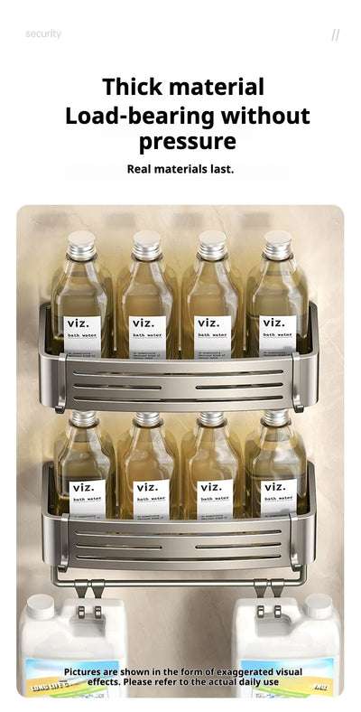Load-bearing bathroom-wall-storage-shelves designed to hold full-size bottles and bulk items without bending.