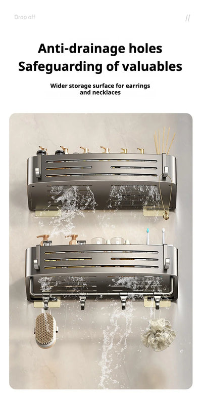 Smart waterproof bathroom-wall-storage-shelves with anti-drain holes that protect small accessories and valuables