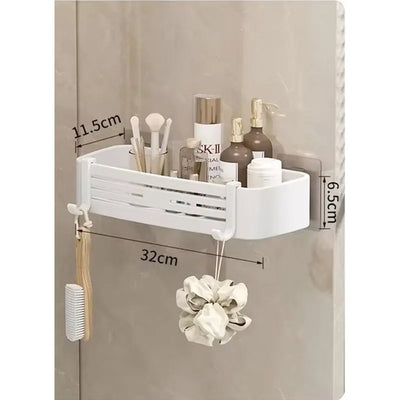 Compact white bathroom-wall-storage shelves with hooks and exact sizing—ideal for minimalist storage.
