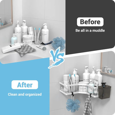 Before-and-after comparison showcasing the best-corner-shower-caddy transforming bathroom clutter into a clean, organized space
