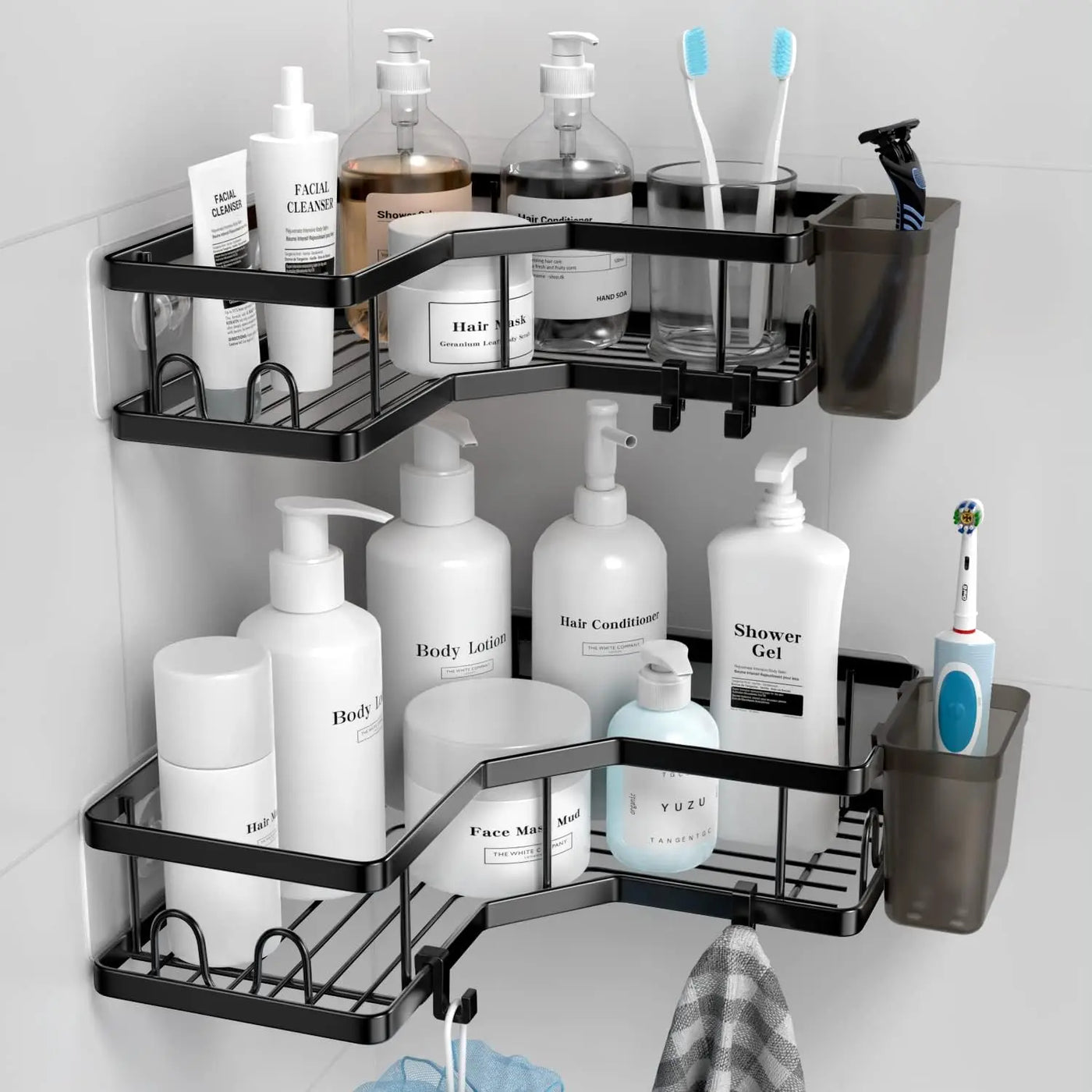 Matte black best-corner-shower-caddy installed in a minimalist bathroom, offering stylish and functional storage