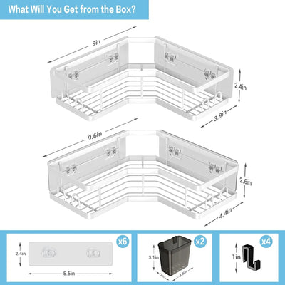 Dimensions of the best-corner-shower-caddy with two L-shaped racks, adhesive mounts, and hanging accessories detailed