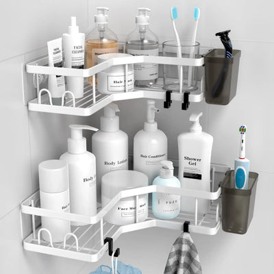 Double-shelf best-corner-shower-caddy fully stocked with body care products, razors, and toothbrushes for easy shower access