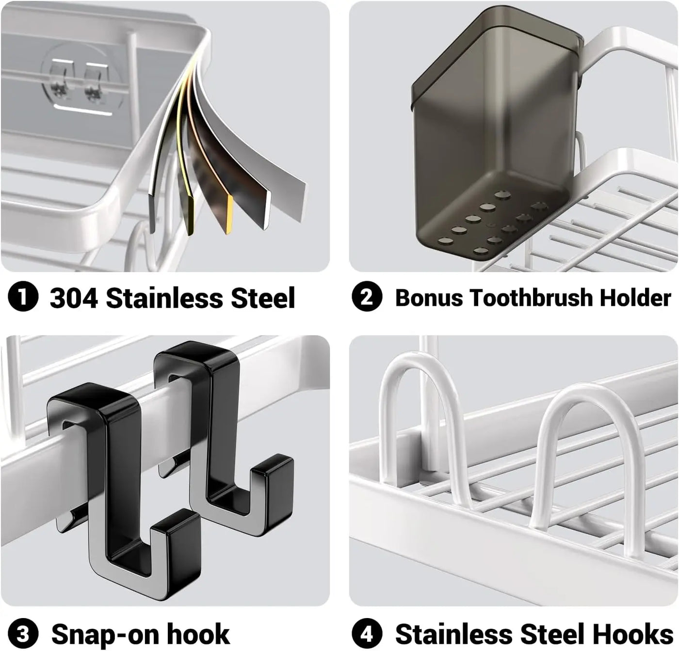 Close-up of best-corner-shower-caddy showing 304 stainless steel build, snap-on hooks, and detachable toothbrush holder