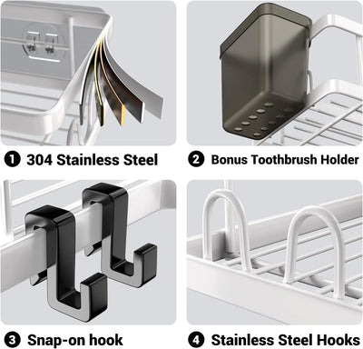Close-up of best-corner-shower-caddy showing 304 stainless steel build, snap-on hooks, and detachable toothbrush holder
