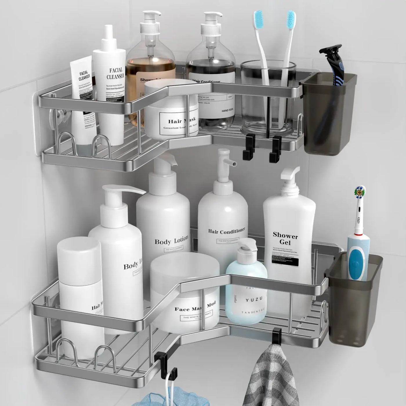 Angled view of silver best-corner-shower-caddy highlighting dual-tier storage with hooks and detachable holders