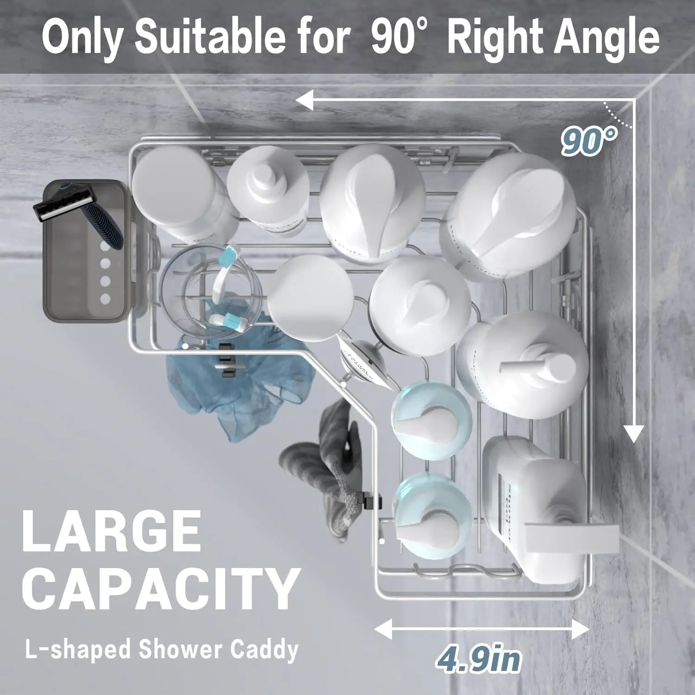 Top view of best-corner-shower-caddy showing spacious layout perfectly fitting a 90° right-angle bathroom corner