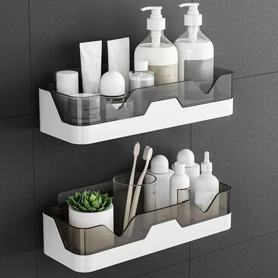 Black shower caddy with double-shelf design for storing bottles and bath essentials