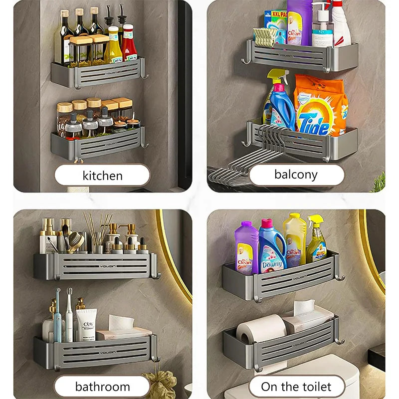 Versatile bathroom-wall-storage shelves  used in kitchen, balcony, and toilet spaces for organized storage.