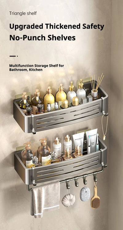 Thickened no-punch bathroom-wall-storage shelves loaded with bottles, featuring a sturdy and stylish build.