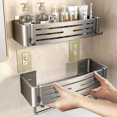 Space-saving removable bathroom-wall-storage-shelves with a premium metallic finish—no tools needed