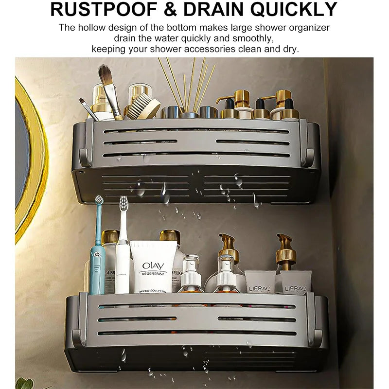Rustproof bathroom-wall-storage shelves with a hollow drain design to keep toiletries clean and dry.