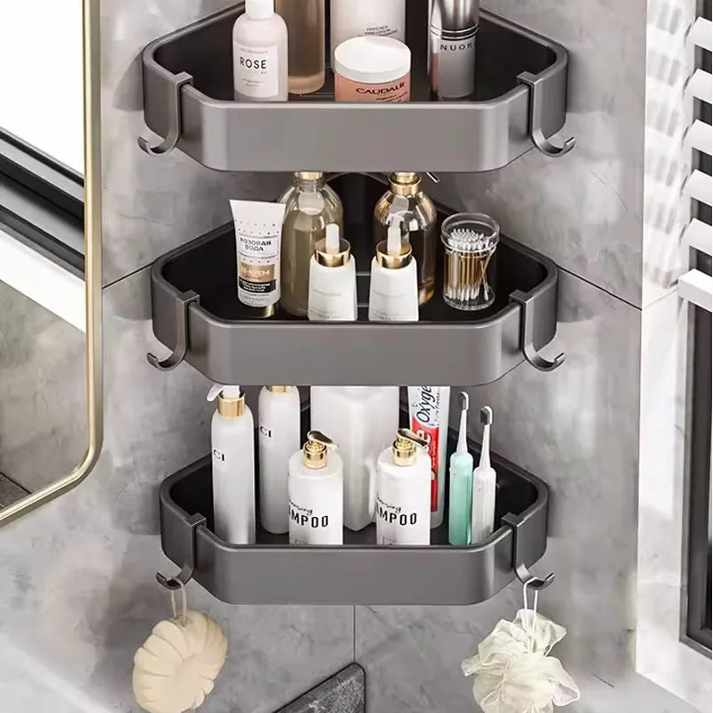 Rustproof Grey Bathroom Shelf with Hooks