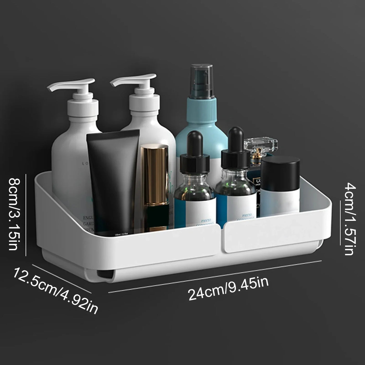 Wall-mounted small shower caddy in white holding various bottles and skincare products.