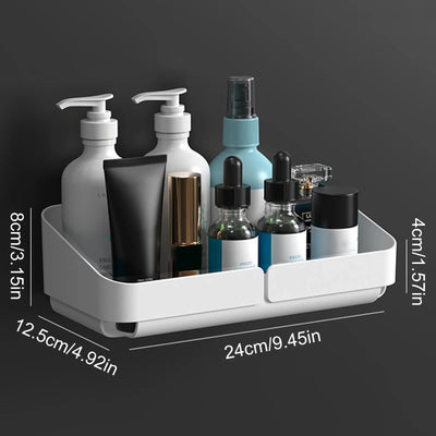 Wall-mounted small shower caddy in white holding various bottles and skincare products.