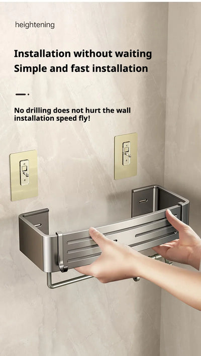 Bathroom-wall-storage-shelves being installed without drilling, perfect for renters and easy wall mounting