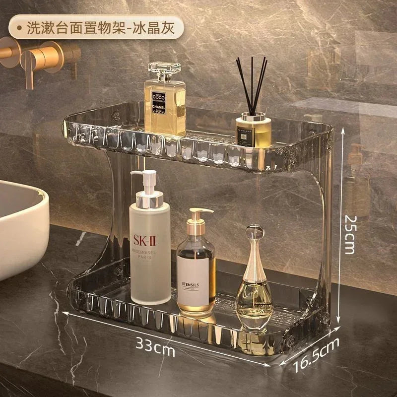 Acrylic bathroom organizers countertop shelf in ice gray with precise measurements for skincare display