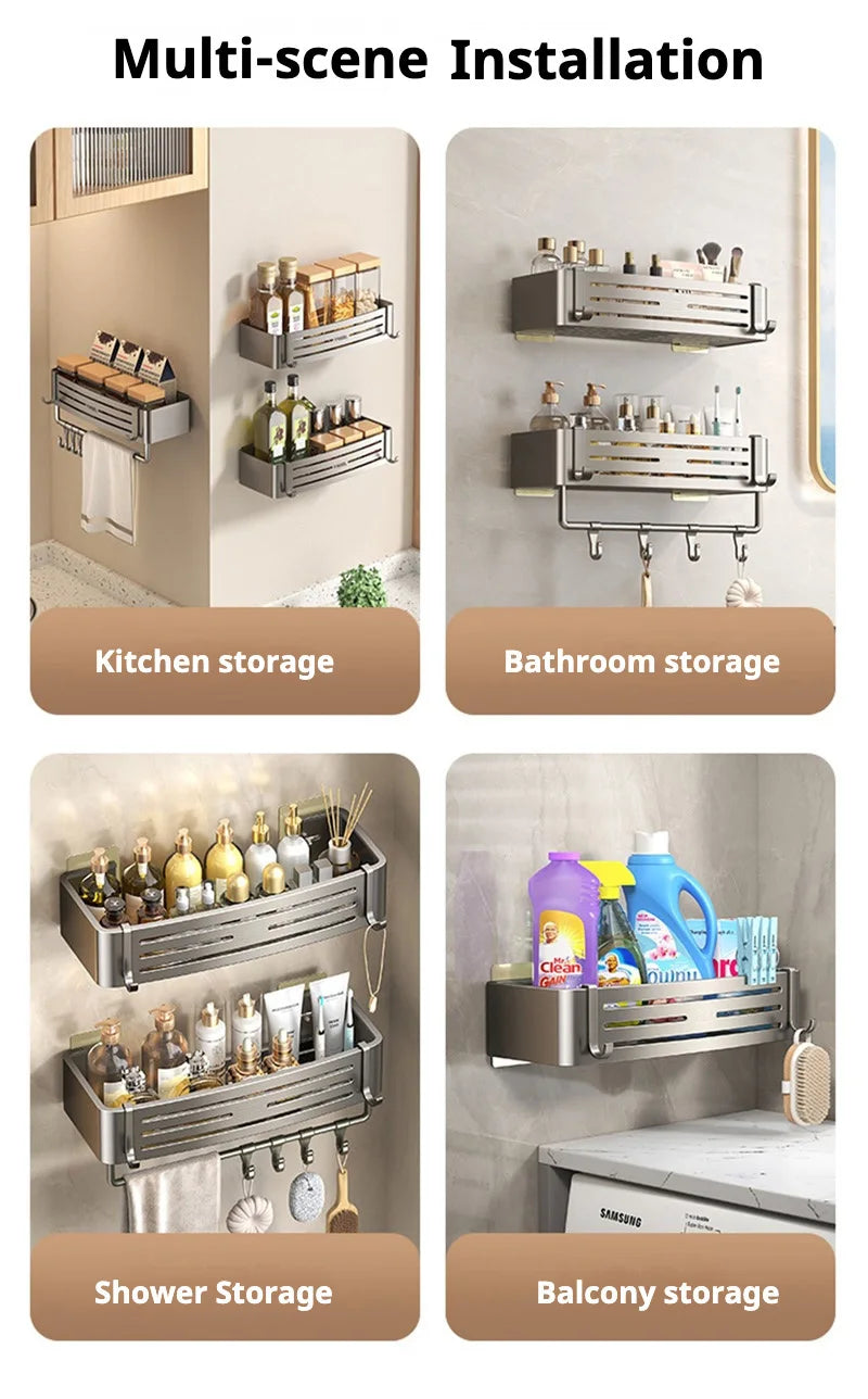 Versatile bathroom-wall-storage-shelves suitable for bathroom, kitchen, balcony, and shower storage.