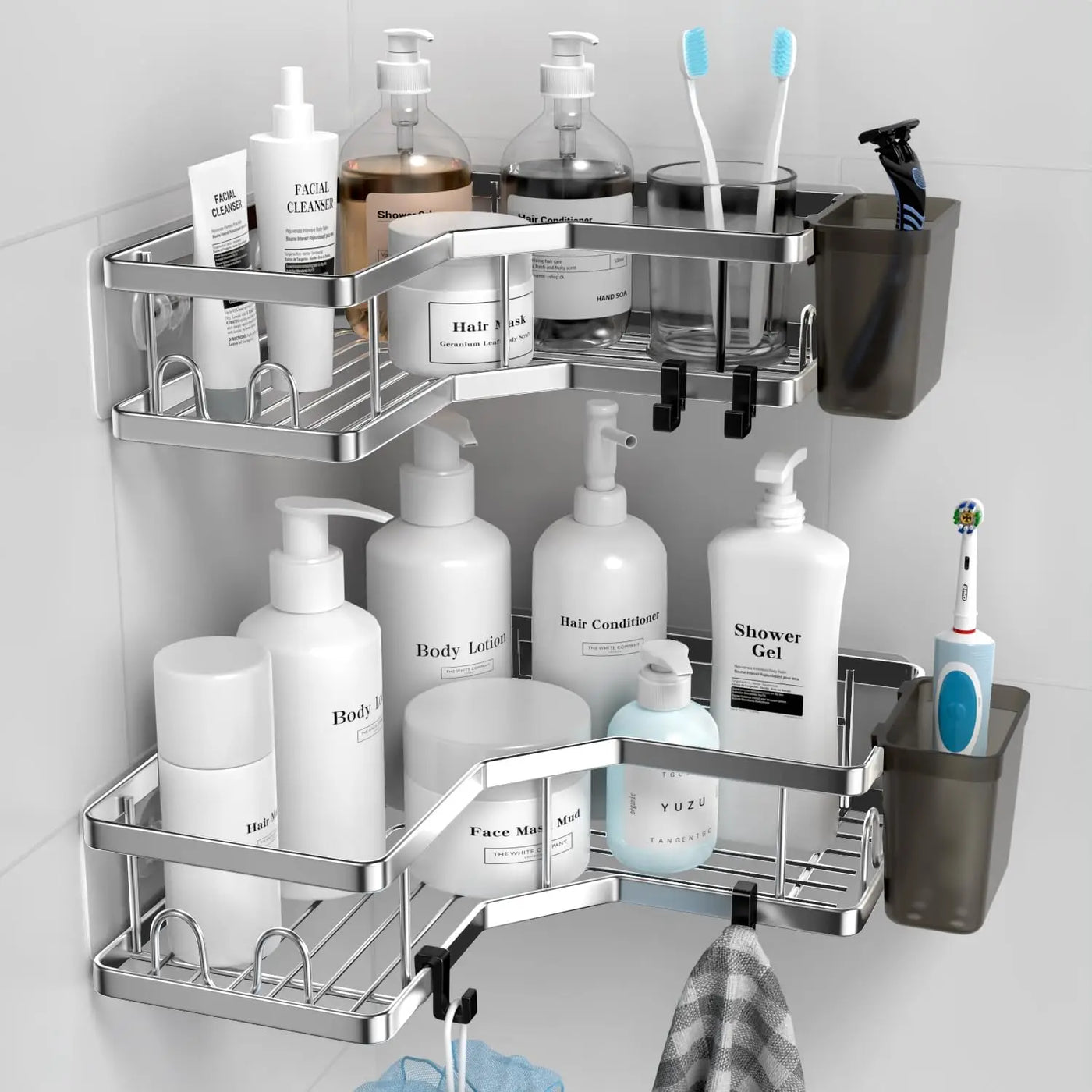 Premium silver best-corner-shower-caddy with a modern brushed metal look, organizing skincare and shower essentials