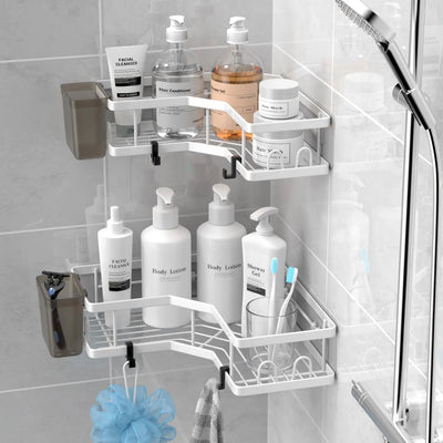The wall-mounted best-corner-shower-caddy in sleek white finish neatly organizing toiletries in a modern bathroom corner