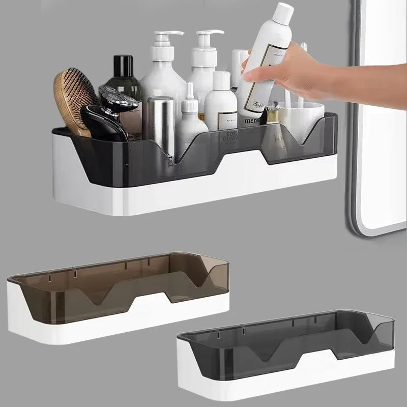 Two black shower caddy options in matte black and wood-tone finish