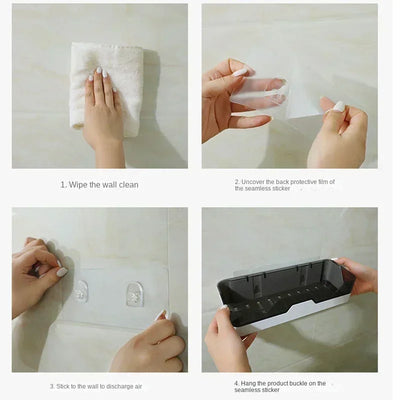 Step-by-step guide showing how to install a black shower caddy on tiles