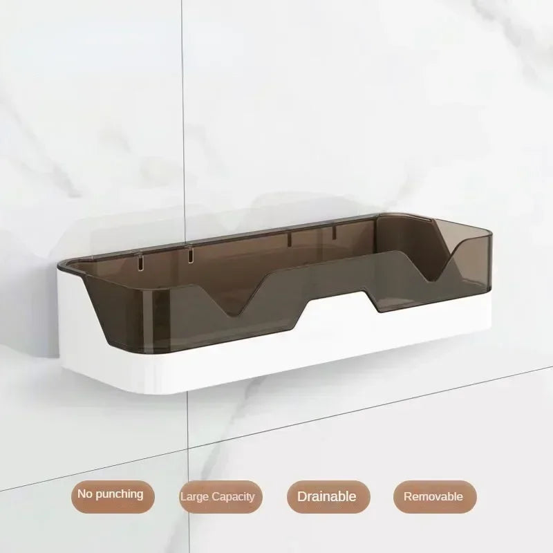 Corner shelf attached to a tiled wall with features listed below.