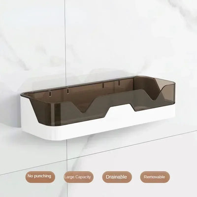 Corner shelf attached to a tiled wall with features listed below.