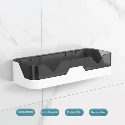 Wall-mounted black shelf with text indicating features on a white wall background