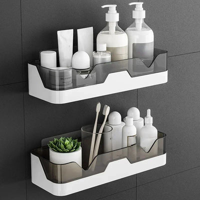 Black shower caddy displayed with toiletries and accessories in a modern bathroom