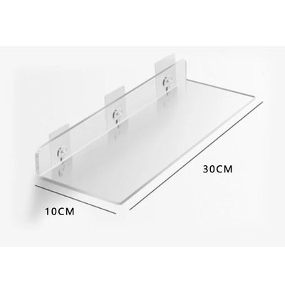 30cm clear acrylic floating corner shelf organizer rack for compact storage solutions.