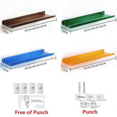 Set of colorful floating bathroom shelves in blue, green, orange, and brown with dimensions.
