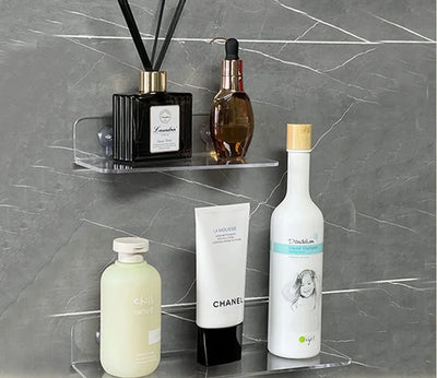 Minimalist acrylic floating shelves for bathroom with gray tile wall background.