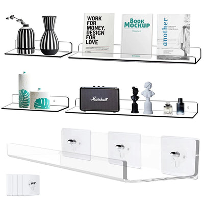 Modern clear wall-mounted bathroom floating shelves showcasing decor and books.
