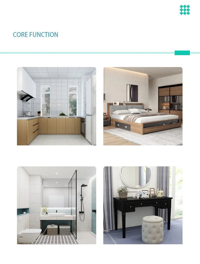 Visual showing floating shelves used in kitchen, bedroom, bathroom, and vanity spaces